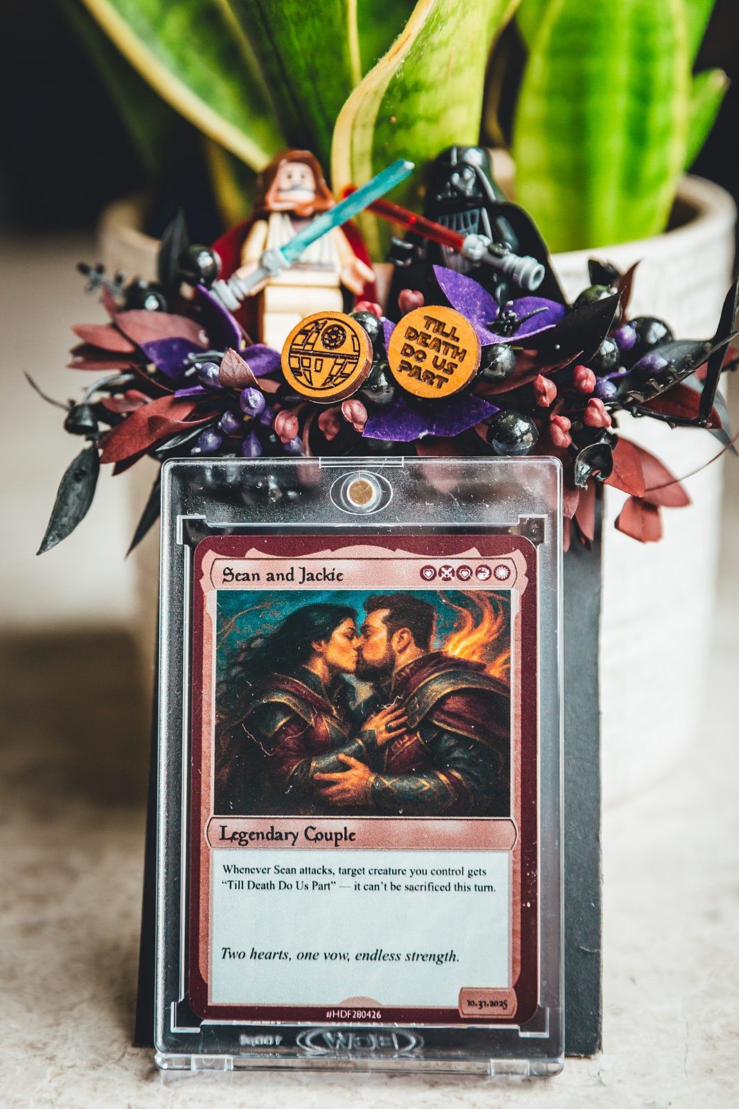 Custom Magic: The Gathering Legendary Couple card with Death Star cufflinks