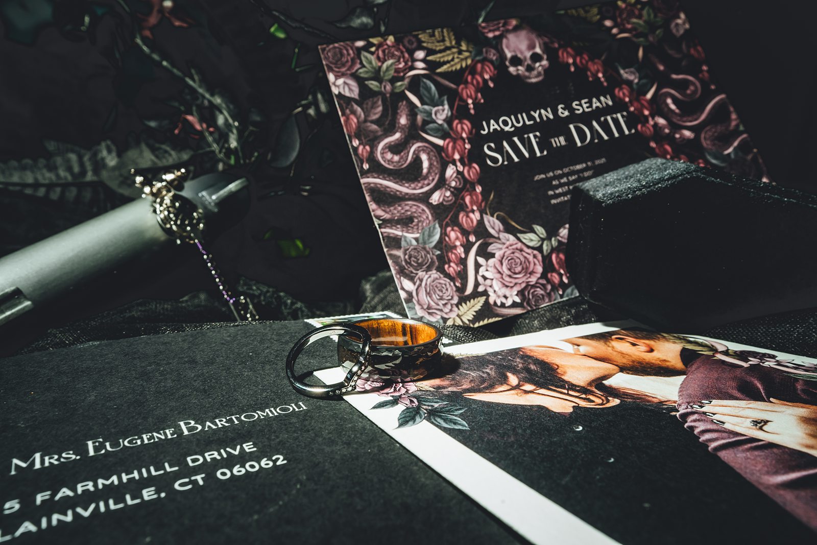 Gothic save-the-date invitation with dark floral design