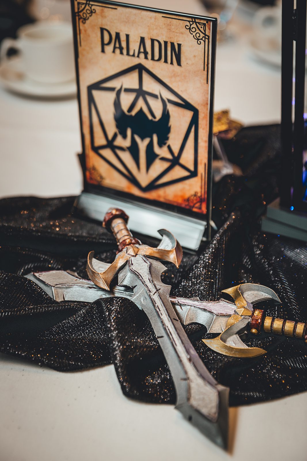 Paladin table centerpiece with swords and axes