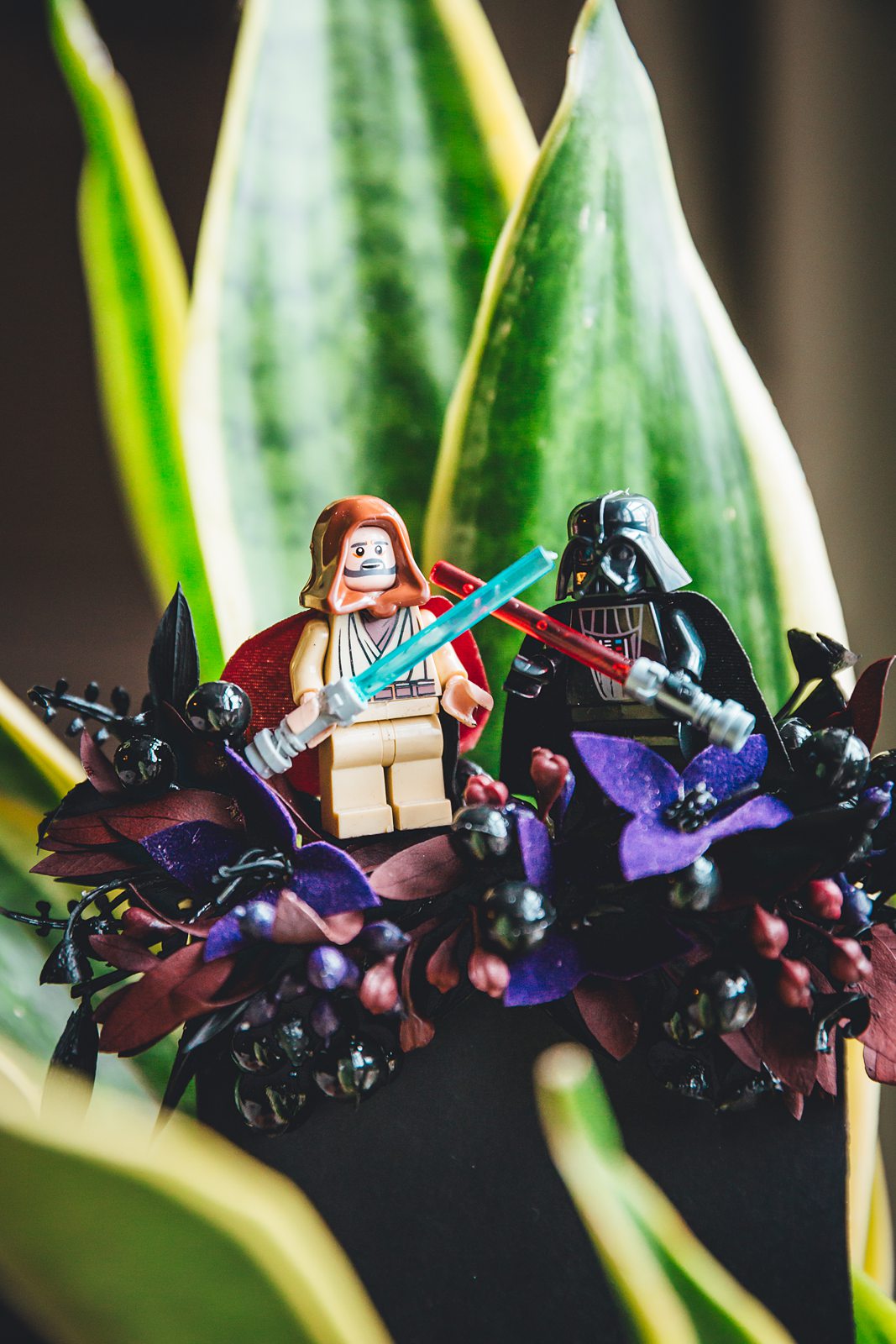 Lego Star Wars Obi-Wan and Darth Vader boutonnière with purple flowers